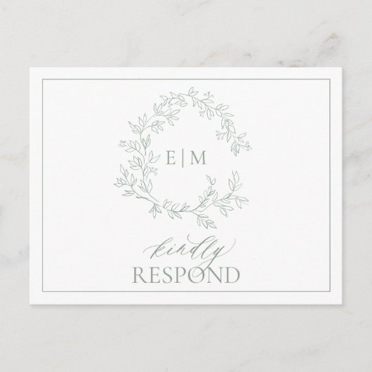 Salie Groene Bladere Krans Monogram Trouw RSVP Uit Uitnodiging Briefkaart (Voorkant)