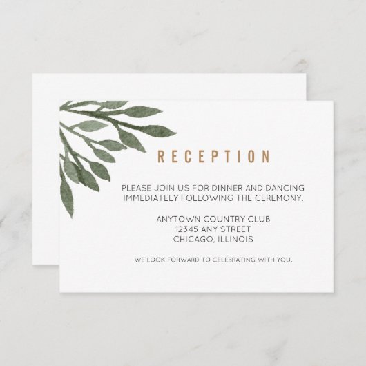 Salie Groene Bladeren Waterverf Trouwreceptie Informatiekaartje (Voorkant / Achterkant)