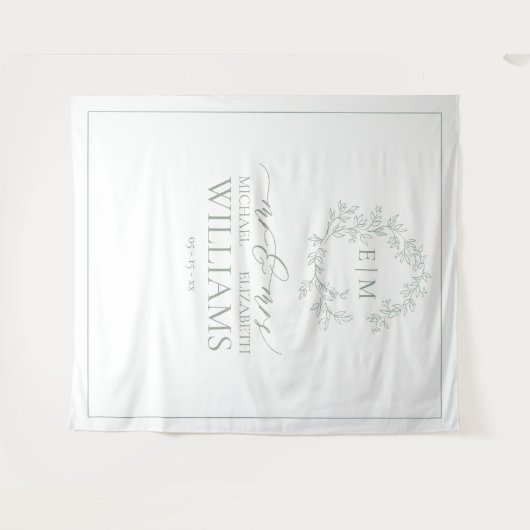 Salie Groene Bladereuze Wapencrests Monogram Trouw Wandkleed (Voorkant (horizontaal))