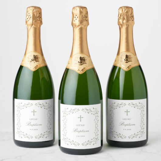 Salie Groene Bladwerk Kader Doop Sparkling Wijnetiket (Flessen)