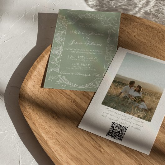 Salie Groene Bloem Boho QR Code Foto Bruiloft Kaart
