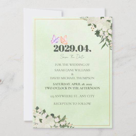 Salie Groene Bloem Bruiloft Save the Date Kaart (Voorkant)