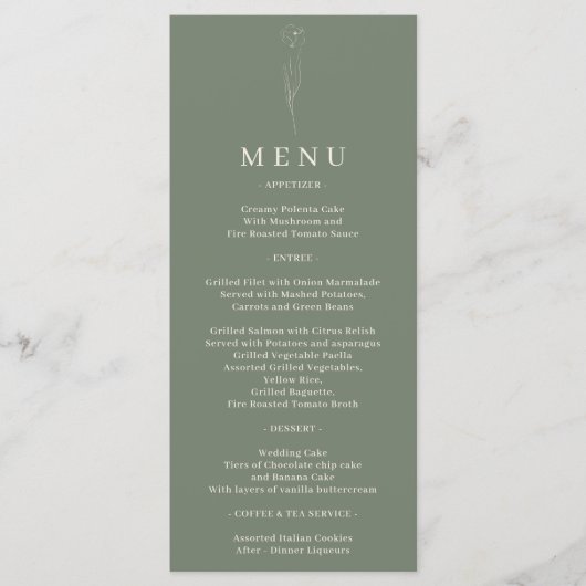 Salie Groene Bloem Kunst Bruiloft Menu (Voorkant)
