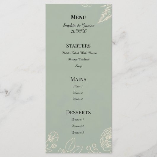 Salie Groene Bloem Lijn Kunst Bruiloft Menu (Voorkant)