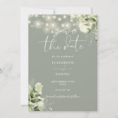 Salie groene bloem slinger lichten QR code bruilof Save The Date (Voorkant)