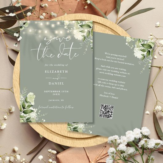 Salie groene bloem slinger lichten QR code bruilof Save The Date