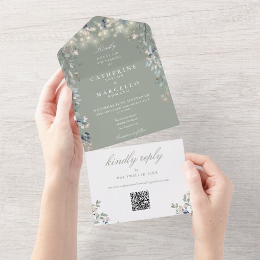 Salie Groene Bloem Slinger Lichtjes QR Code Bruilo All In One Uitnodiging (Afscheurbaar)