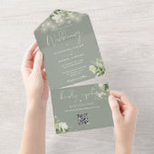 Salie Groene Bloem Slinger Lichtjes QR Code Trouwe All In One Uitnodiging (Afscheurbaar)