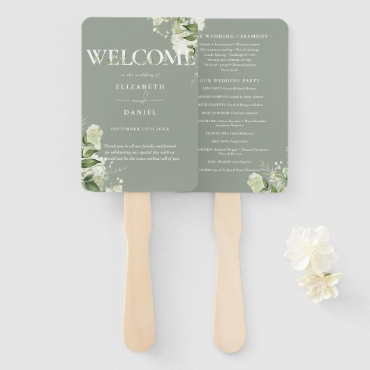 Salie Groene Bloem Typografie Huwelijksprogramma Handwaaier (Voorkant en achterkant)