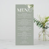 Salie Groene Bloem Typografie Monogram Bruiloft Menu (Staand voorkant)