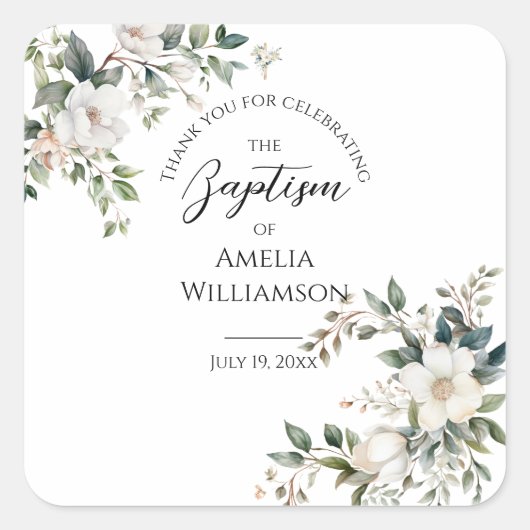 Salie Groene Bloemen Doop Vierkante Sticker (Voorkant)