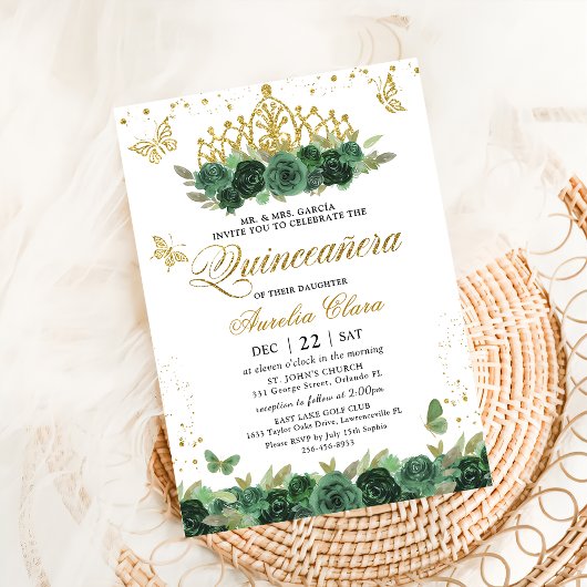 Salie Groene Bloemen Gouden Vlinders Quinceañera Kaart