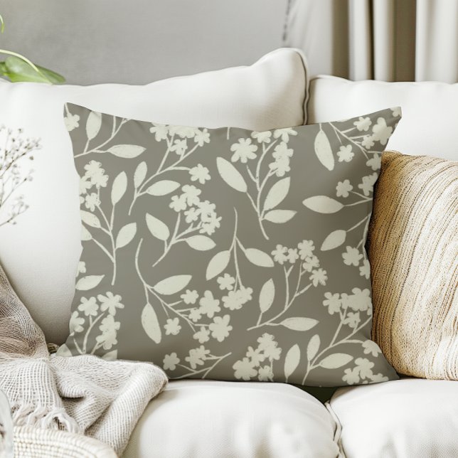 Salie Groene Bloemen Hand getrokken Botanische Blo Kussen (hand drawn flowers on sage green pillow)