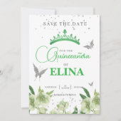 Salie Groene Bloemen Kroon Vlinders Quinceañera Save The Date (Voorkant)