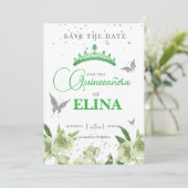Salie Groene Bloemen Kroon Vlinders Quinceañera Save The Date (Staand voorkant)
