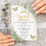 Salie Groene Bloemen Vlinders Goud Zoet Zestien Kaart<br><div class="desc">Deze chique Sweet 16 Verjaardagsuitnodiging is voorzien van een gouden glitter geometrisch lijst versierd met delicate waterverf salie groene bloemen, zacht salie groen en salie en gouden vlinders. Personaliseer het eenvoudig en snel met uw gegevens, druk op de knop aanpassen om de stijl en plaatsing van de tekst verder te...</div>