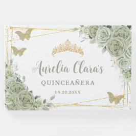 Salie Groene Bloemen Vlinders Gouden Quinceañera Gastenboek