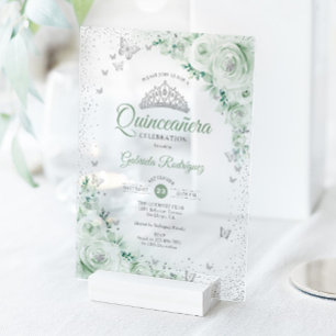 Salie Groene Bloemenschildering Rozen Quinceanera Acryl Uitnodigingen