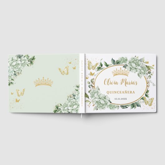 Salie Groene Bloemenvlinders Gouden Quinceanera Gastenboek (Volledig)