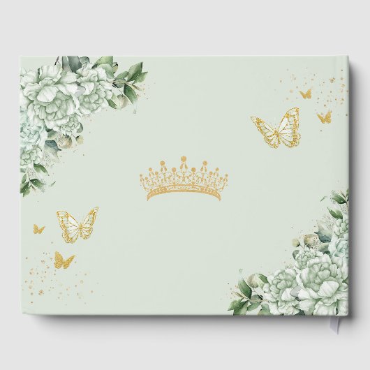 Salie Groene Bloemenvlinders Gouden Quinceanera Gastenboek (Achterkant)