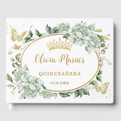 Salie Groene Bloemenvlinders Gouden Quinceanera Gastenboek (Voorkant)