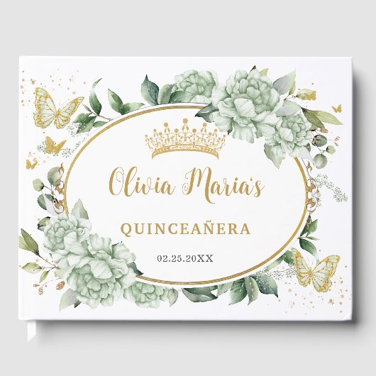 Salie Groene Bloemenvlinders Gouden Quinceanera Gastenboek (Voorkant)