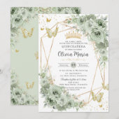 Salie Groene Bloemenvlinders Gouden Quinceañera Kaart (Voorkant / Achterkant)