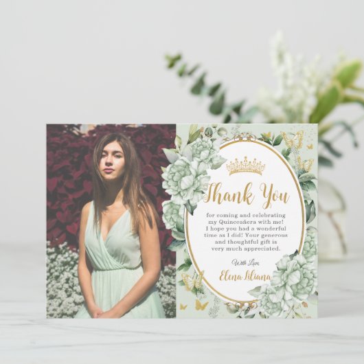  Salie Groene Bloemenvlinders Quinceanera Bedankkaart (Staand voorkant)