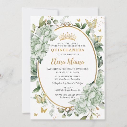  Salie Groene Bloemenvlinders Quinceañera Kaart (Voorkant)