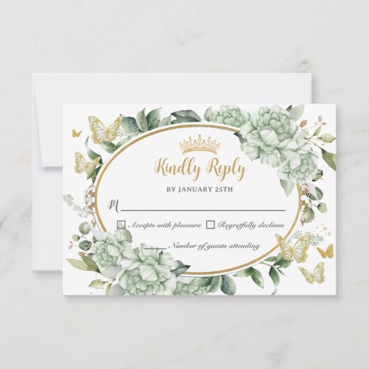  Salie Groene Bloemenvlinders Quinceañera RSVP Kaartje (Voorkant)