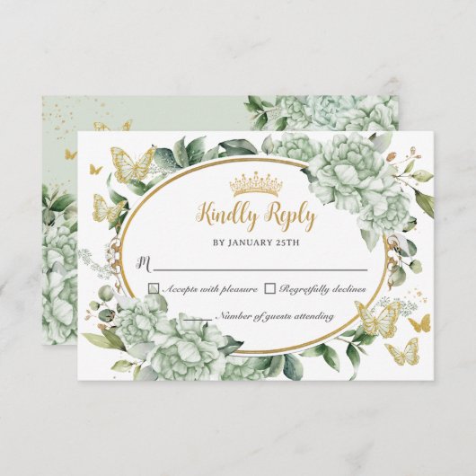  Salie Groene Bloemenvlinders Quinceañera RSVP Kaartje (Voorkant / Achterkant)