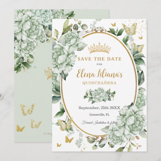  Salie Groene Bloemenvlinders Quinceañera Save The Date (Voorkant / Achterkant)