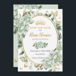 Salie Groene Bloemenvlinders Quinceañera Save The Date<br><div class="desc">Personaliseer deze chique salie groene bloemenquinceañera / Sweet 16 birthday en bewaar de datum gemakkelijk en snel. Klik op de knop verder aanpassen om de teksten te bewerken, lettertypen en lettertypekleuren te wijzigen. Met zachte waterverf salie groene bloemen, vlinders en een gouden afgesneden ovale ruimte om al uw belangrijke feestdetails...</div>