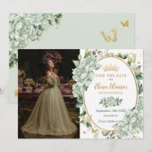  Salie Groene Bloemenvlinders Quinceañera Save The Date (Voorkant / Achterkant)