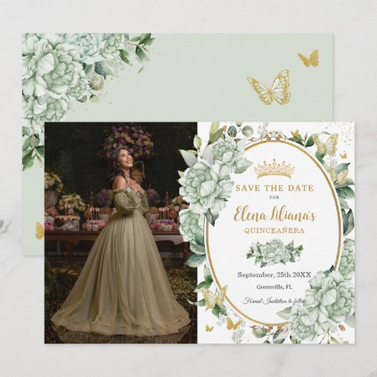 Salie Groene Bloemenvlinders Quinceañera Save The Date (Voorkant / Achterkant)