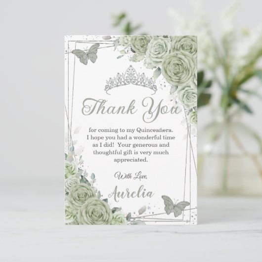 Salie Groene Bloemenvlinders Quinceañera Sweet 16 Bedankkaart (Staand voorkant)