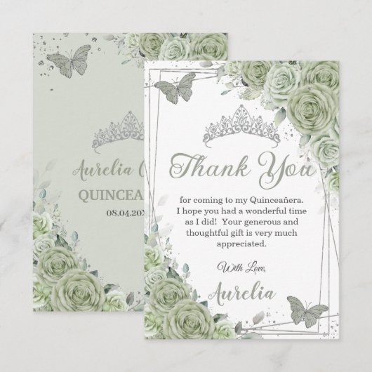 Salie Groene Bloemenvlinders Quinceañera Sweet 16 Bedankkaart (Voorkant / Achterkant)