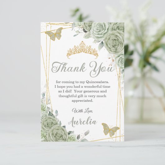 Salie Groene Bloemenvlinders Quinceañera Sweet 16 Bedankkaart (Staand voorkant)