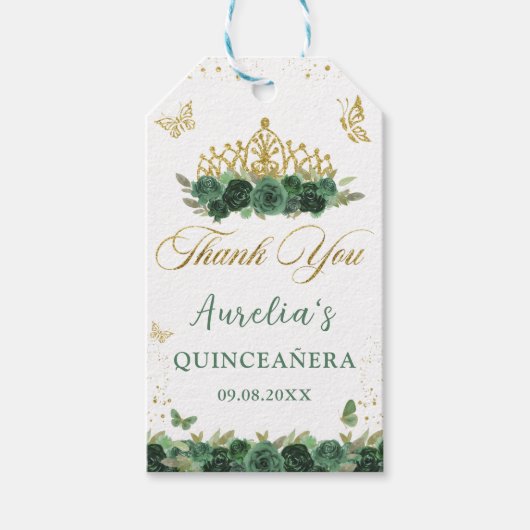Salie Groene Bloemenvlinders Quinceañera Verjaarda Cadeaulabel (Voorkant)