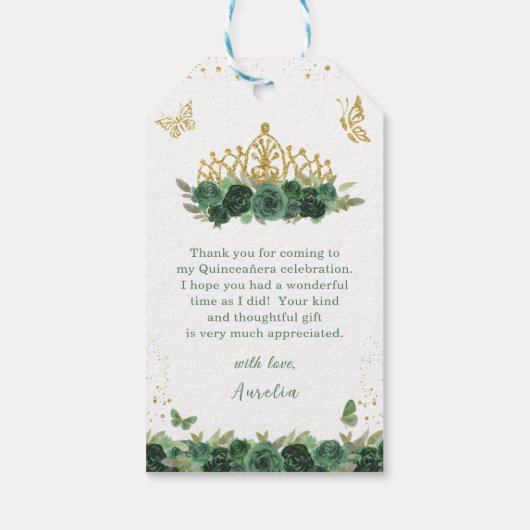 Salie Groene Bloemenvlinders Quinceañera Verjaarda Cadeaulabel (Achterkant)