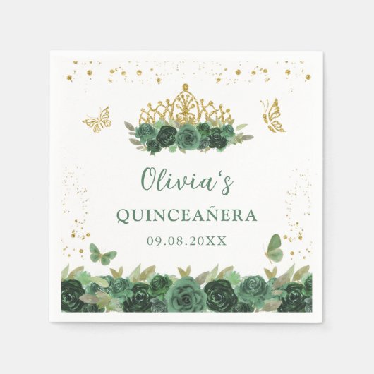 Salie Groene Bloemenvlinders Quinceañera Verjaarda Servet (Voorkant)