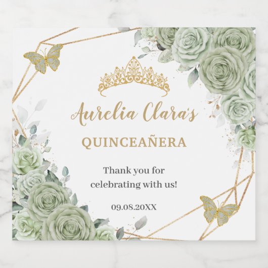 Salie Groene Bloemenvlinders Quinceañera Verjaarda Sparkling Wijnetiket (Enkel label)