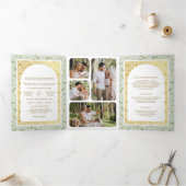 Salie groene bloemige alles-in-één gouden Indiase Drieluik Uitnodiging (Binnen)