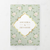 Salie groene bloemige alles-in-één gouden Indiase Drieluik Uitnodiging (Cover)