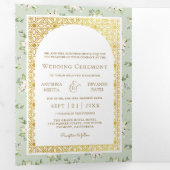 Salie groene bloemige alles-in-één gouden Indiase Drieluik Uitnodiging (Binnenzijde eerst)