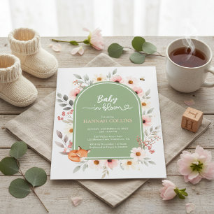 Salie groene bloemige baby shower vos uitnodiging