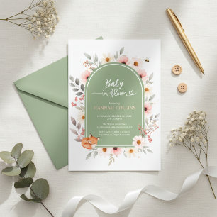 Salie groene bloemige baby shower vos uitnodiging