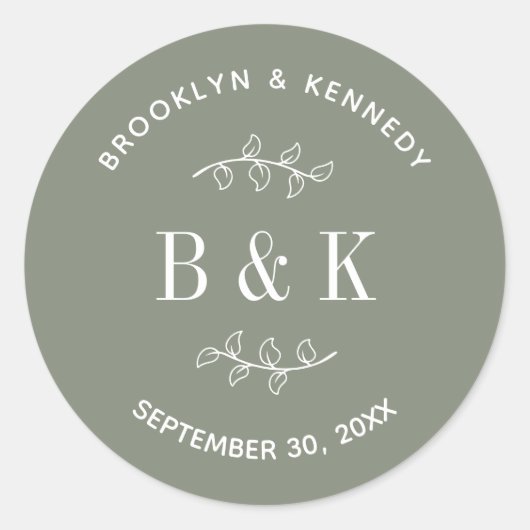 Salie Groene Bloemige Botanische Trouw Koppel Naam Ronde Sticker (Voorkant)