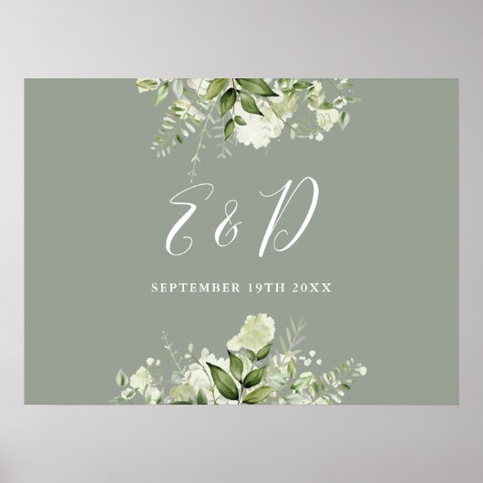 Salie groene bloemige gebladerte monogram bord poster (Voorkant)