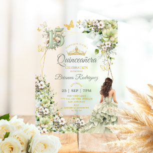 Salie Groene Bloemige Gouden Vlinders Quinceañera Acryl Uitnodigingen